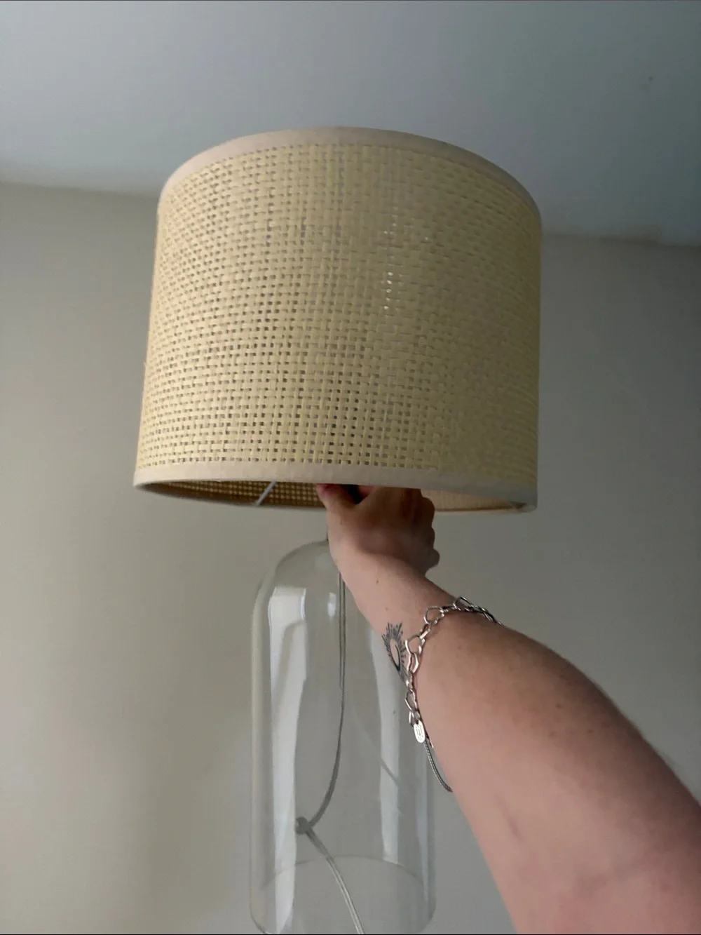 Woven Rattan Drum Lamp in Light Beige